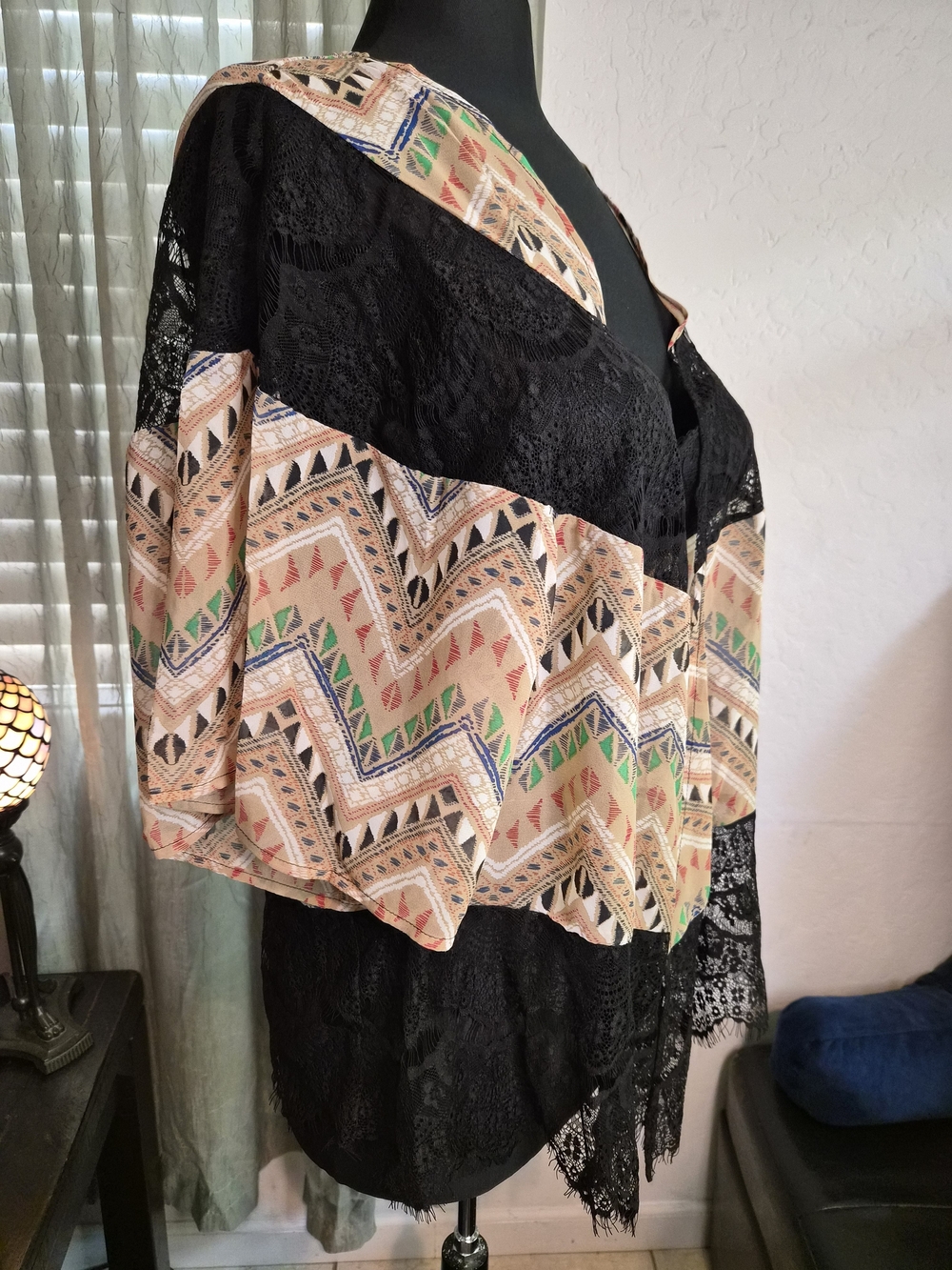 Ryu Black Lace & Multicolor Aztec Print Kimono #0258 - Picture 2 of 7